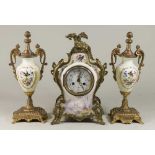 19th Century French Clock & Pair Urns Clock with dragon on top, approx. 11 1/2" H. Urns  approx.