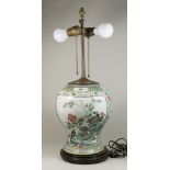 Chinese Famille Verte Porcelain Vase Mounted as lamp. Approx 12" H.