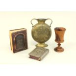 Lot of 4 Judaica Items Including brass vase, approx. 7 1/2" H; wood cup;  and 2 books.