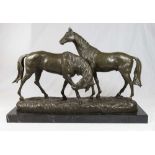 Bronze Sculpture of 2 Horses Signed L. Carvin. Approx. 15" H x 21" W.