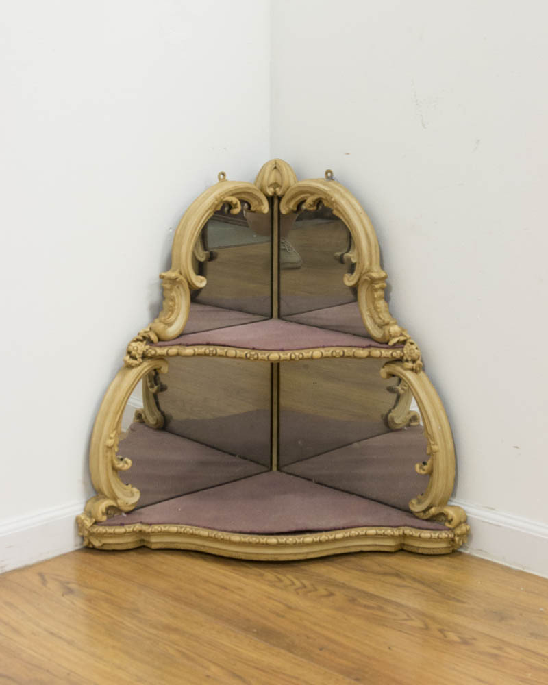 2-Tier Carved Hanging Shelf Mirrored back. Country French style. Approx. 26" H  x 27" W.