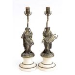 Pair of Bronze Figures Mounted as Lamps "Classical Women" on marble bases. Approx. 9.5" H,  13.75" H