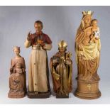 4 Religious Wood Carvings Tallest approx. 22 1/8" H. Cardinal has fingers  broken. Cardinal has