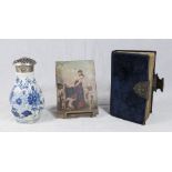 Lot of 3 Items Including miniature painting on wood, Delft  porcelain bottle, 18th century silver