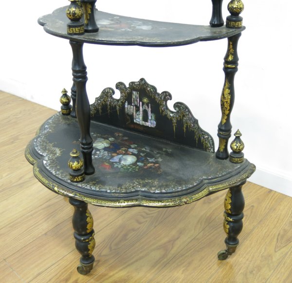 19th. Century Papier Maché 3-Tier Stand Approx. 41 1/1" H x 26" across x 13" deep. Wobbly. Wobbly. - Image 4 of 4