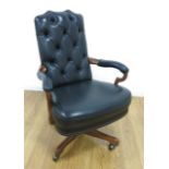 Queen Anne Style Mahogany Desk Chair Upholstered in black leather. Approx. 42" H x 28  1/2" W x