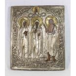 Russian Icon of Jesus and 3 Saints 19th century. Approx. 12" H x 10 1/4" W. (4153)  Paint chipped