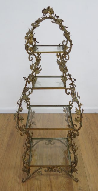 4 Tier Gilt Metal Floral Glass Stand Approx. 52" H x 19" W x 19" D. Crack in glass on  second - Image 2 of 4