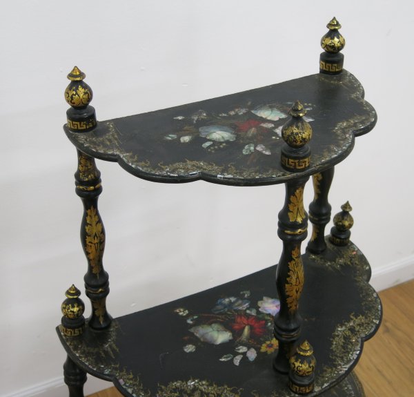 19th. Century Papier Maché 3-Tier Stand Approx. 41 1/1" H x 26" across x 13" deep. Wobbly. Wobbly. - Image 3 of 4