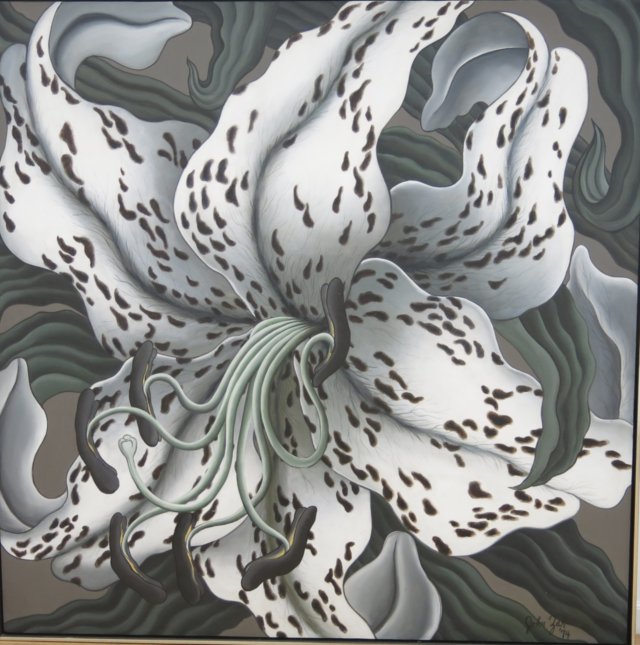 John Zak, "White Tiger Lily" Oil on canvas. Signed and dated 1974 verso.  Dedicated to Joseph Malek. - Image 2 of 5