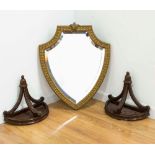 Shield Shaped Mirror & Pair Wall Shelves Gold bevelled mirror, approx. 26" H x 21" W.  Prince of