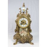 Waterbury Bronze Mantle Clock With porcelain plaques. With pendulum and key.  (4155) Chips on