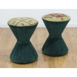 Pair Unusual Needlepoint Stools Approx. 19" H x 15" diameter.