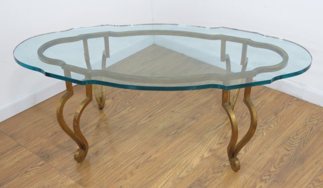 Glass Top Coffee Table with Gilt Metal Base Chip on glass. Chip on glass.