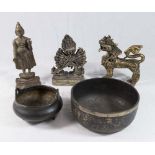 Lot of 5 Metal Asian Items Including brass & bronze figures, and bowls.  Tallest approx. 8 1/2" H.