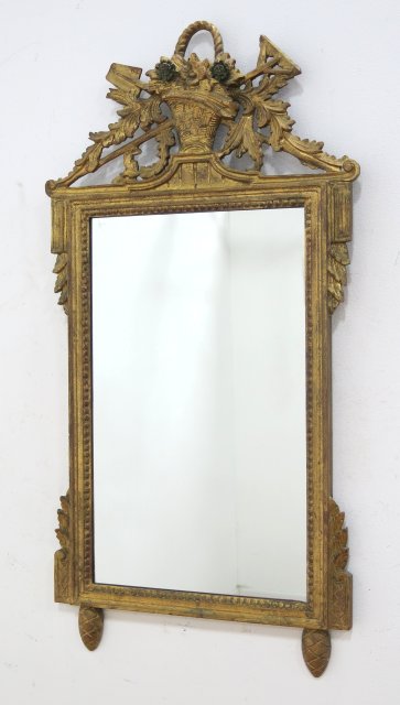 Italian Gilt Wood Mirror with Basket of Flowers Approx. 44" H x 23" W.