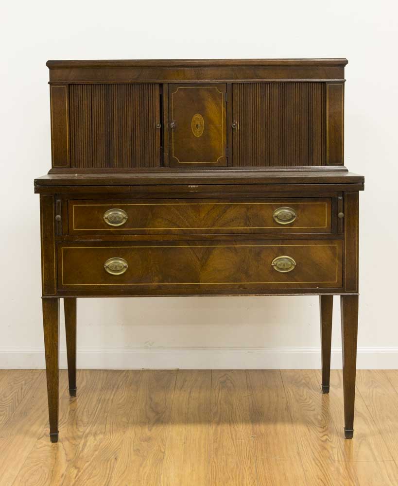 Regency Style Mahogany Desk with Chair Circa 1940s. Tambour doors. Desk approx. 43" H x  36" W x 19" - Image 3 of 5