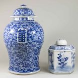 Two Chinese Covered Porcelain Jars Larger approx 17 1/2" H. Blue and white.