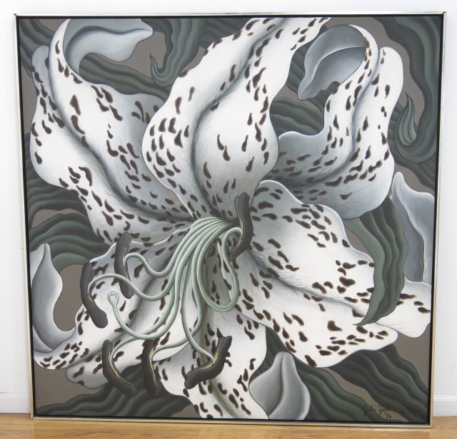 John Zak, "White Tiger Lily" Oil on canvas. Signed and dated 1974 verso.  Dedicated to Joseph Malek.