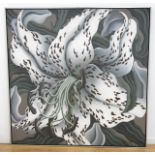 John Zak, "White Tiger Lily" Oil on canvas. Signed and dated 1974 verso.  Dedicated to Joseph Malek.