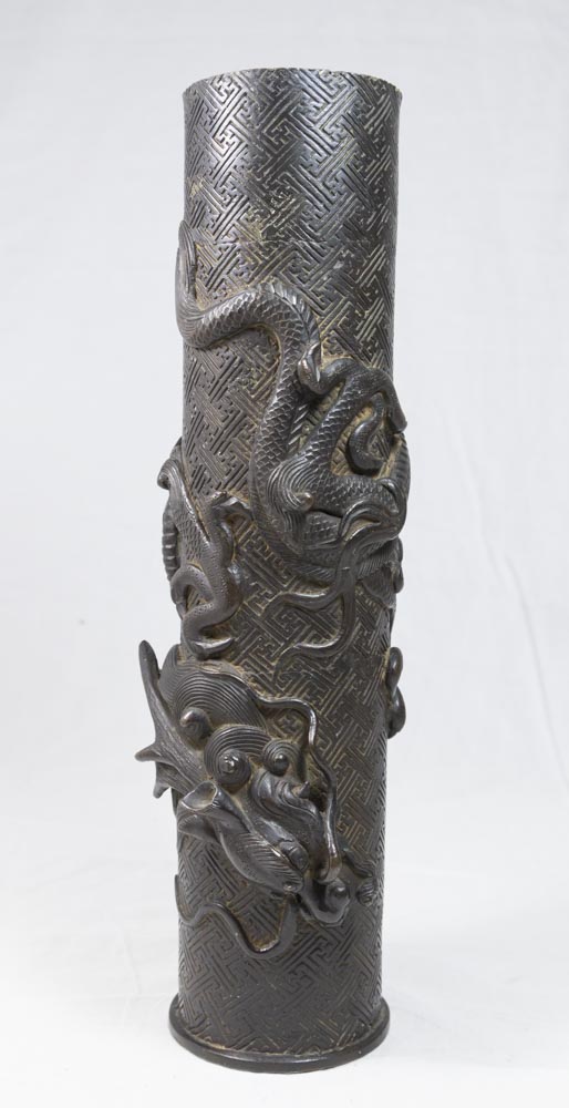 Cylindrical Japanese Bronze Vase With snake motif. Approx. 12 1/2" H.