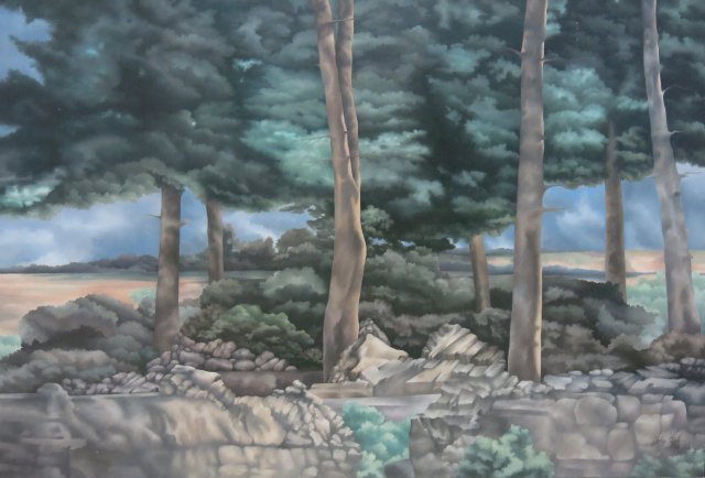 John Zak, "Turkish Landscape" Oil on canvas. Signed and dated 1986 verso.  Approx. 48" H x 72" W.