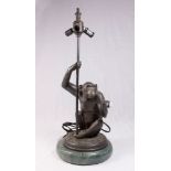 Bronze Monkey 3 Light Lamp Mounted on marble base. Approx. 18 1/2" H to  finial. (4152)