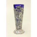 19th Century English Silver Reticulated Vase With cobalt blue insert. Decorated with flowers.