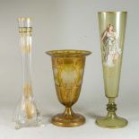 3 Glass Vases Including amber vase with enamel portrait of  Athena, approx. 16 1/2" H; amber