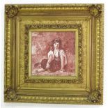 Ceramic Plaque of Seated Young Lady French. Signed and dated lower right. Possibly  Mariguet,