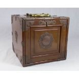 Asian Wood & Brass Box With 5 interior drawers. Circa 1920s. Approx. 7  1/2" H x 7 1/2" W x 8" D.