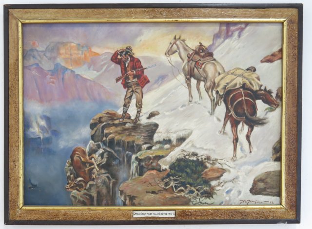 Oil on Canvas, Cowboy with Ram Signed lower right, Trautwein. Dated 1972. "Meat's  not meat 'til - Image 2 of 6
