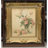 "Vase with Roses" Watercolor Watercolor. Framed in shadowbox. Indistinctly  signed lower right.