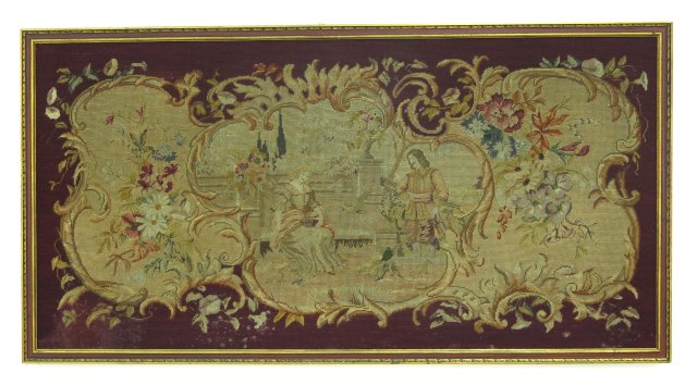 Framed Needlepoint & Petitpoint Courting scene. 19th century. Approx. 25" H x 48"  W.