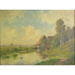 Rural Landscape Germany Oil on Canvas Signed lower left, Oscar Leu. Approx. 24" H x 31  1/2" W