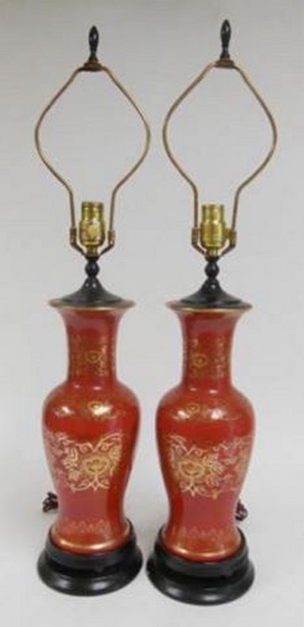 Pair  Chinese  Porcelain Vases Mounted As Lamps Red and gold vases approx. 14" H. (33922.1)