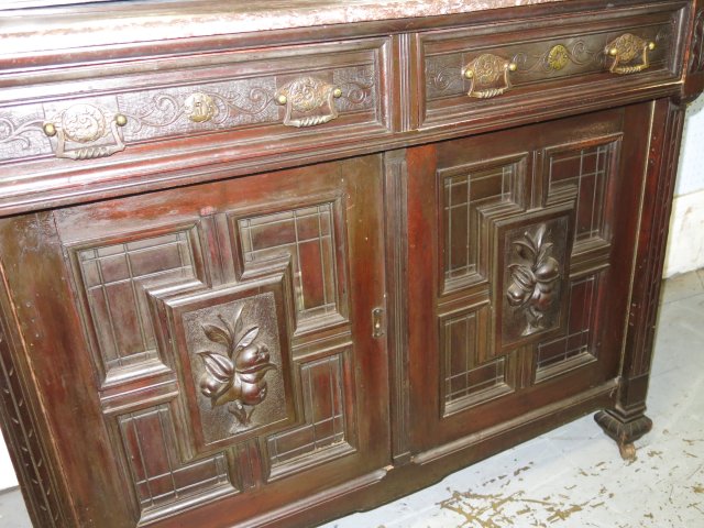 Carved English Walnut Marble Top Server Beveled mirror. 2 doors, 2 drawers. Carved fruit  on - Image 5 of 5