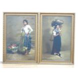 Pair Raschella Oil on Canvas Fruit Seller and Flower Vender. Approx. 28" H x  18" W image, 32" H x