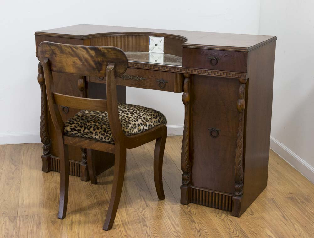 Mahogany Vanity with Swan Heads With matched chair and insert mirror. 1940s  regency style.