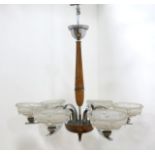 6 Light Deco Chandelier With frosted & molded shades. Burled wood & chrome  frame. Approx. 32" H x