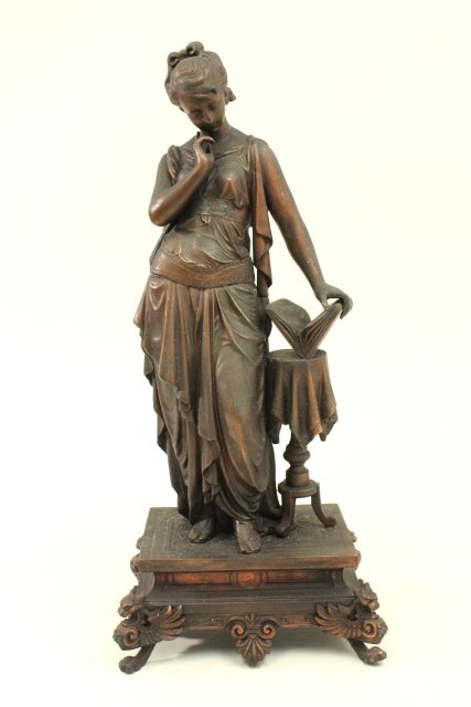 Pair Ansonia Metal Female Figures "Knowledge & Music." Approx. 17 1/2" H. - Image 4 of 6