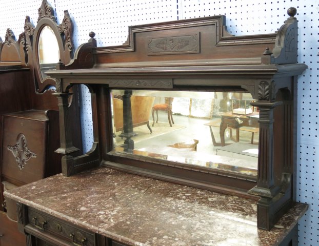 Carved English Walnut Marble Top Server Beveled mirror. 2 doors, 2 drawers. Carved fruit  on - Image 4 of 5