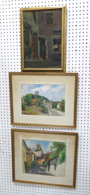 3 Artworks One oil on board, two watercolor. Oil on board  street scene signed lower right