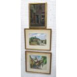 3 Artworks One oil on board, two watercolor. Oil on board  street scene signed lower right