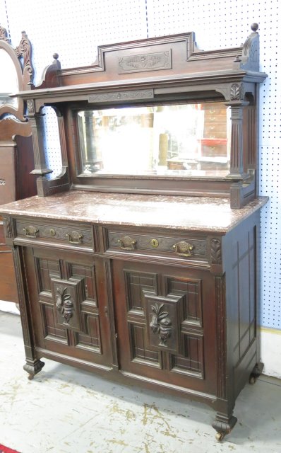 Carved English Walnut Marble Top Server Beveled mirror. 2 doors, 2 drawers. Carved fruit  on - Image 2 of 5