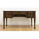 English Leather Top Mahogany Desk 3-part. Red leather with gold tooling. Gadrooned  edge. Tapered