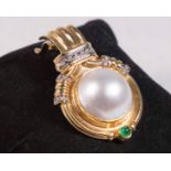 14K Gold, Diamond, Pearl & Green Stone Pendant "RB." Approx. 12.1 dwt.