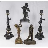 Group of 5 Metal Figures Including a pair of Empire style figural  candlesticks.
