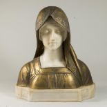 Bronze & Marble Bust Beatrice Signed Fagioli. Approx. 14" H x 12 1/2" W x 6" D.