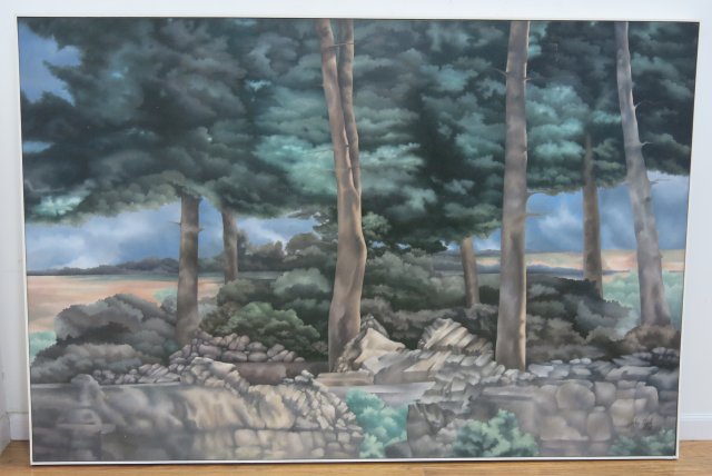 John Zak, "Turkish Landscape" Oil on canvas. Signed and dated 1986 verso.  Approx. 48" H x 72" W. - Image 2 of 5